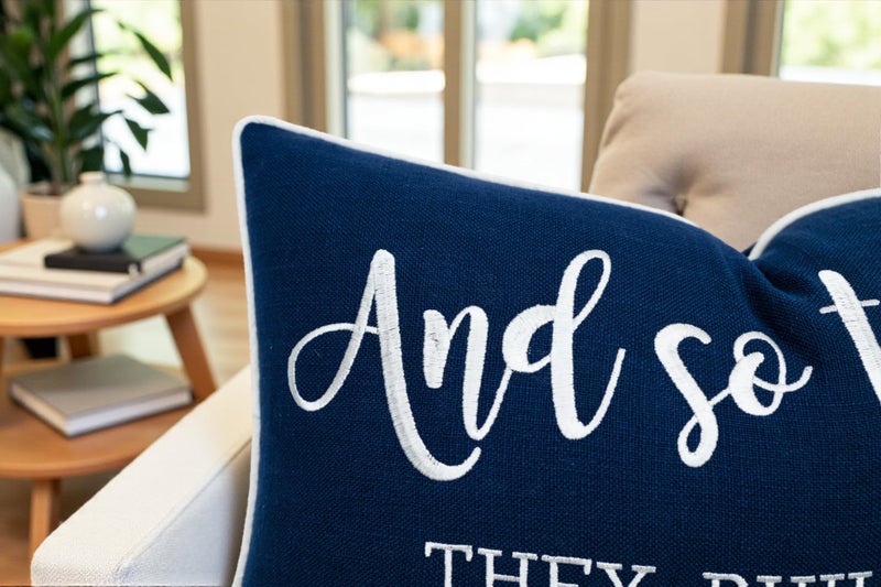YugTex Romantic Couple Love Sentiment Embroidered Decorative Sayings Lumbar Accent Throw Pillowcase - and So Together Phrase Decor for Wedding, Anniversary, Valentine - 12x20 Inches, Navy Blue - Image 3